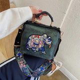 Vintage Embroidery Elephant Handbag Wide Strap Leather Women Shoulder Bag