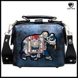 Vintage Embroidery Elephant Handbag Wide Strap Leather Women Shoulder Bag