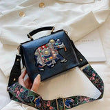 Vintage Embroidery Elephant Handbag Wide Strap Leather Women Shoulder Bag