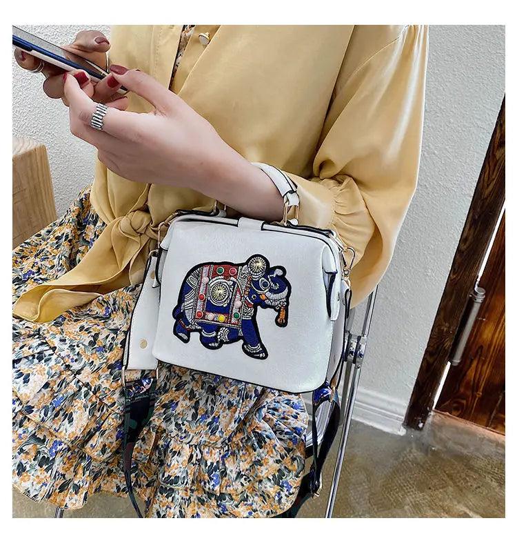 Vintage Embroidery Elephant Handbag Wide Strap Leather Women Shoulder Bag