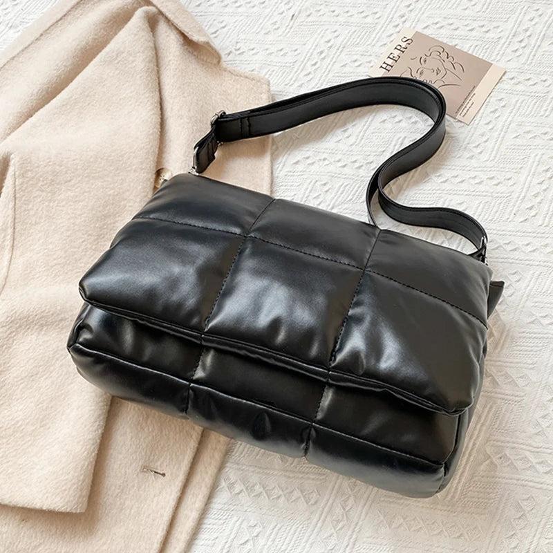 Quilted Nylon Shoulder Bag for Women with Fluffy Weave - Space Pad Design