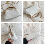 Fashion Metal Handle Ladies Handbag Chain Shoulder Bag Stripe Pleated Square Cro