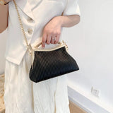 Fashion Metal Handle Ladies Handbag Chain Shoulder Bag Stripe Pleated Square Cro