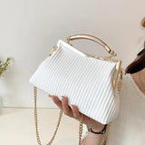 Fashion Metal Handle Ladies Handbag Chain Shoulder Bag Stripe Pleated Square Cro