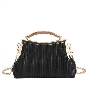 Fashion Metal Handle Ladies Handbag Chain Shoulder Bag Stripe Pleated Square Cro