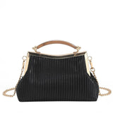 Fashion Metal Handle Ladies Handbag Chain Shoulder Bag Stripe Pleated Square Cro