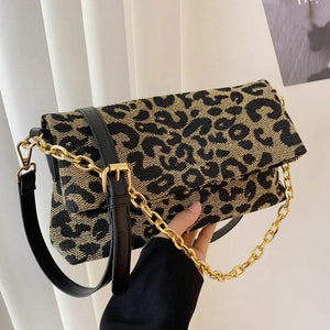 Vintage Leopard Handbags Canvas Chain Shoulder Bags Clutch