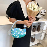 Pink Half Moon Handbag PU Leather Tote Flower Shoulder Bag Evening Clutch