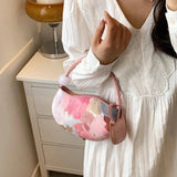 Pink Half Moon Handbag PU Leather Tote Flower Shoulder Bag Evening Clutch