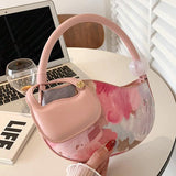 Pink Half Moon Handbag PU Leather Tote Flower Shoulder Bag Evening Clutch