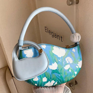 Pink Half Moon Handbag PU Leather Tote Flower Shoulder Bag Evening Clutch
