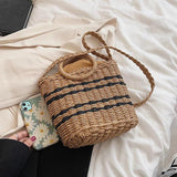 Striped Straw Woven Shoulder Bag Bohemian Bucket Crossbody Beach Handbag