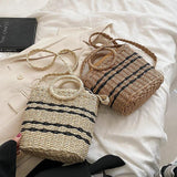 Striped Straw Woven Shoulder Bag Bohemian Bucket Crossbody Beach Handbag