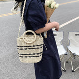 Striped Straw Woven Shoulder Bag Bohemian Bucket Crossbody Beach Handbag