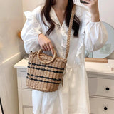 Striped Straw Woven Shoulder Bag Bohemian Bucket Crossbody Beach Handbag