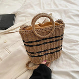 Striped Straw Woven Shoulder Bag Bohemian Bucket Crossbody Beach Handbag
