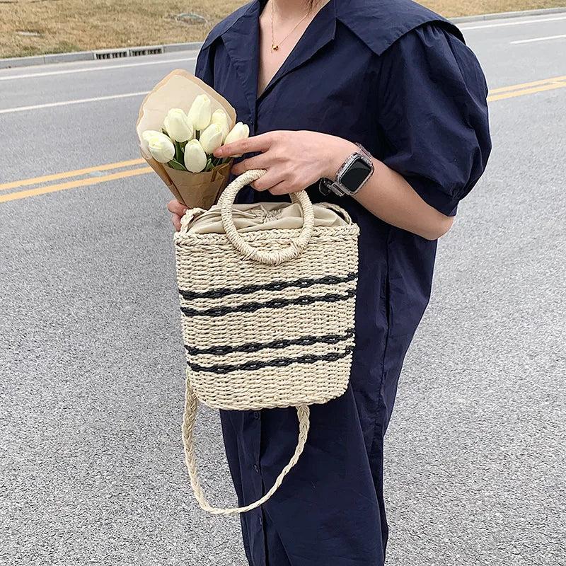 Striped Straw Woven Shoulder Bag Bohemian Bucket Crossbody Beach Handbag