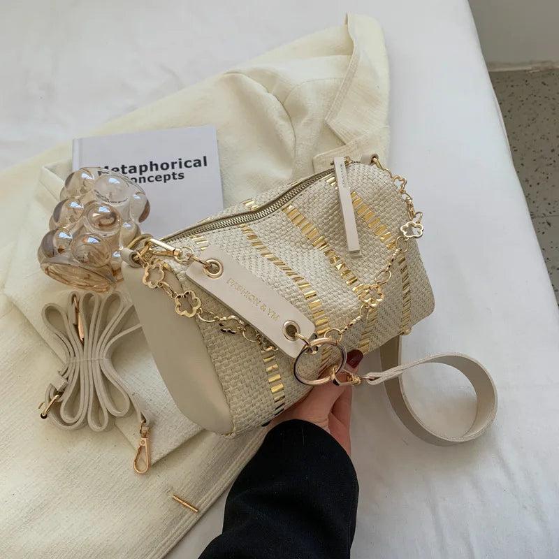 Summer Straw Shoulder Bag with Pu Leather Crossbody