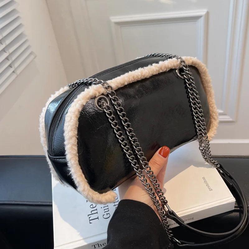 Faux Fur Crossbody Bag with Chain, Women's Clutch Handbag