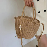 Summer Women Tassels Straw Bucket Bags Casual Lady Seaside Woven Totes