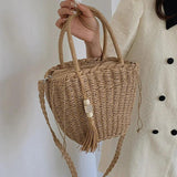 Summer Women Tassels Straw Bucket Bags Casual Lady Seaside Woven Totes