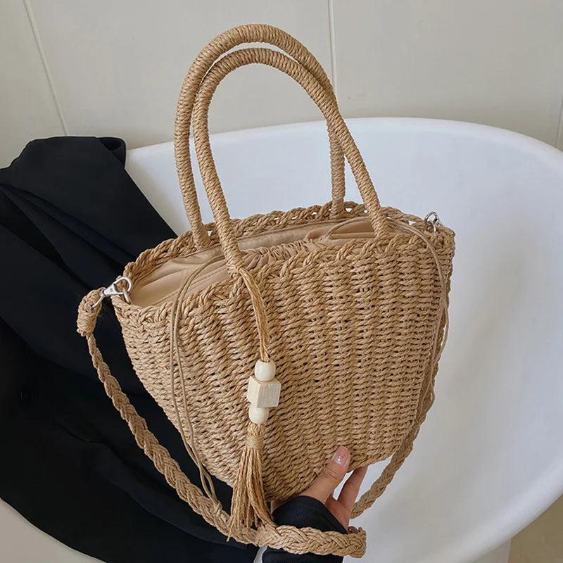 Summer Women Tassels Straw Bucket Bags Casual Lady Seaside Woven Totes