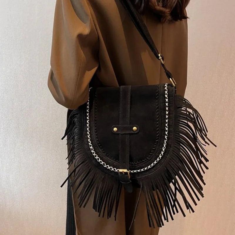 Vintage Tassel Crossbody Saddle Shoulder Bag Brown