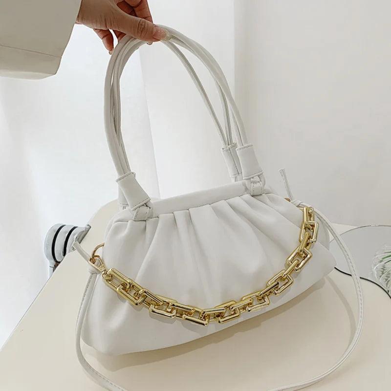Women Heavy Chain Crossbody Bags Ruched Shoulder Bags Handbags