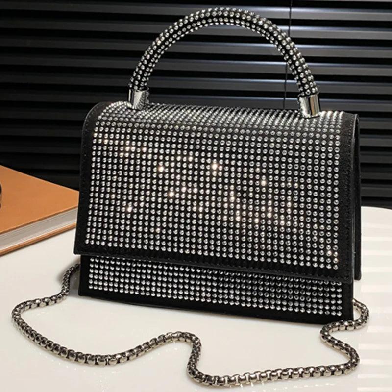Crystal Top Handle Flap Bag Chain Crossbody Shoulder Bling Evening Clutch