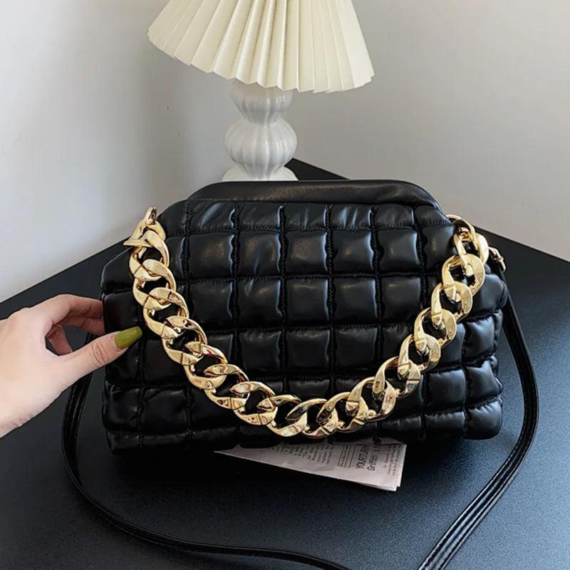 Thick Chain Handbag And Purses Yellow Green Pleated Shoulder Bags