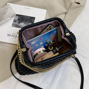 Women PU Leather Shell Clip Prom Clutch Chain Shoulder Bag Brown