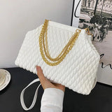 Women PU Leather Shell Clip Prom Clutch Chain Shoulder Bag Brown