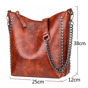 Rivet Chain Shoulder Bag Soft Leather Bucket Bag