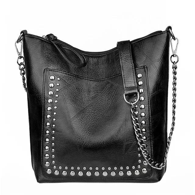 Rivet Chain Shoulder Bag Soft Leather Bucket Bag