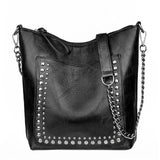Rivet Chain Shoulder Bag Soft Leather Bucket Bag