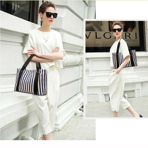 Eco Striped Canvas Shoulder Bag for Women - Big Tote Handbag