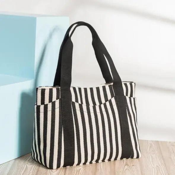 Eco Striped Canvas Shoulder Bag for Women - Big Tote Handbag