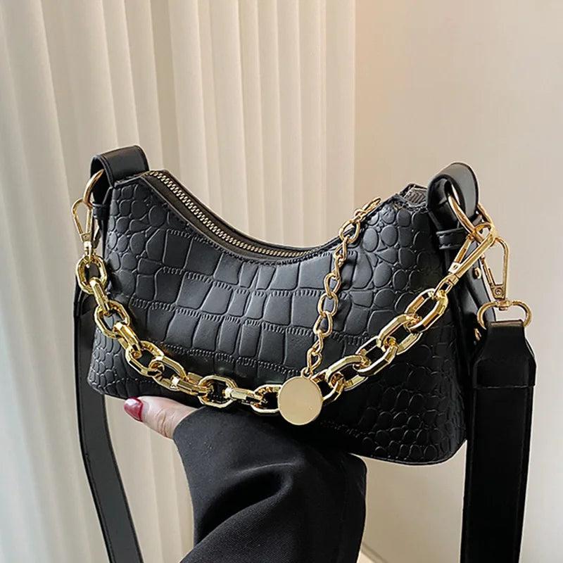 Women Stone Pattern Pu Leather Handbags Crocodile Chain Shoulder Bags