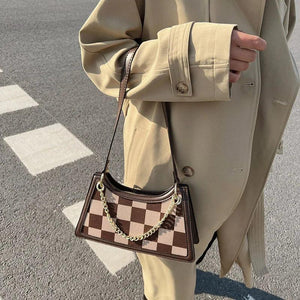 Women Checkerboard Pattern Half Moon Crossbody Bag