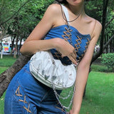 Xiuya Harajuku Goth Bag Metal Punk Style Pleated Hobos Shoulder Chain Handbag