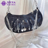 Xiuya Harajuku Goth Bag Metal Punk Style Pleated Hobos Shoulder Chain Handbag