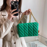 Womens Thick Chain Shoulder Bags Pink Green PU Leather Flap Underarm Bags
