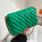 Womens Thick Chain Shoulder Bags Pink Green PU Leather Flap Underarm Bags