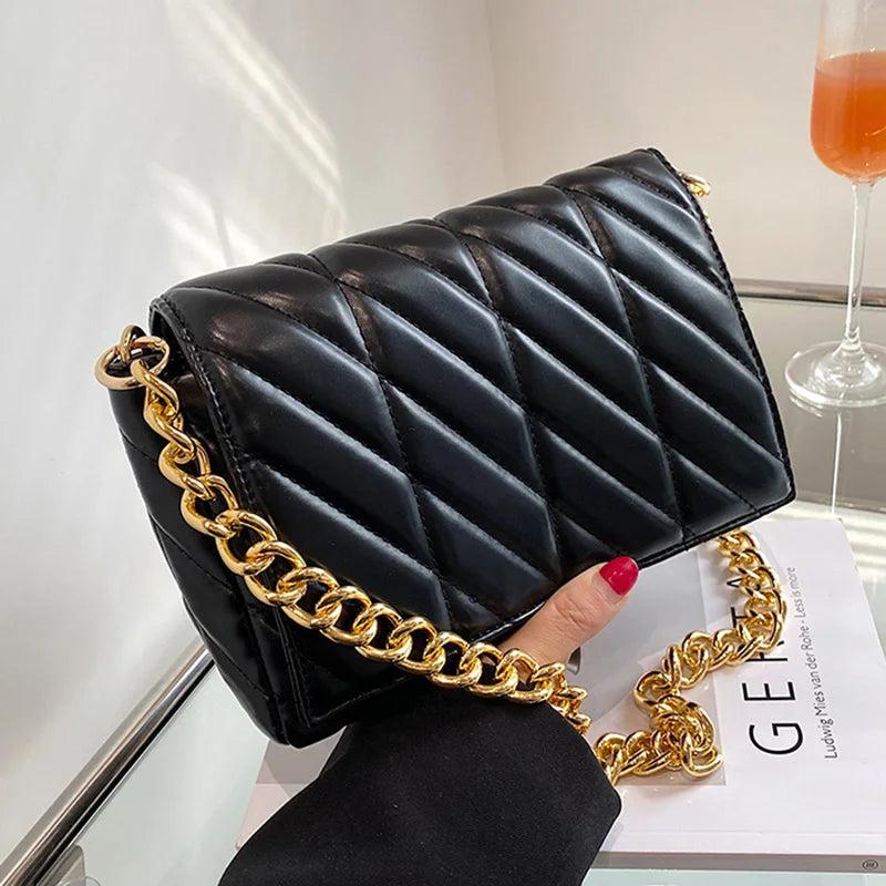 Womens Thick Chain Shoulder Bags Pink Green PU Leather Flap Underarm Bags