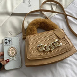 Plush Top-Handle Crossbody Bag Vintage PU Leather Handbag