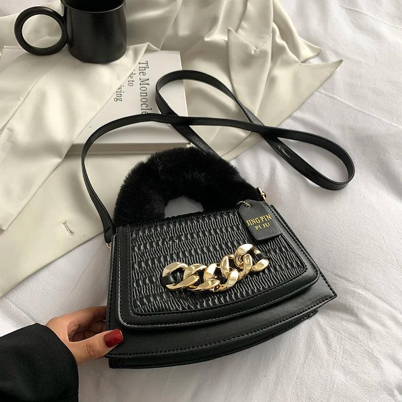 Plush Top-Handle Crossbody Bag Vintage PU Leather Handbag