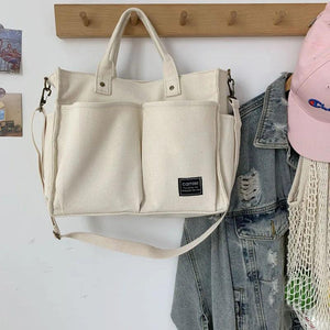 Cotton Canvas Tote Shoulder Messenger Bag with Pockets