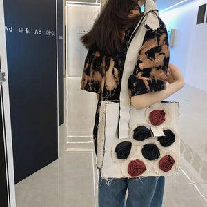 Xiuya Gothic Canvas Bags Japanese Rose Floral Goth Lolita Shoulder Tote Shopper