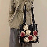 Xiuya Gothic Canvas Bags Japanese Rose Floral Goth Lolita Shoulder Tote Shopper