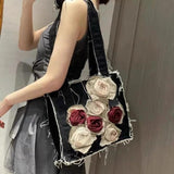 Xiuya Gothic Canvas Bags Japanese Rose Floral Goth Lolita Shoulder Tote Shopper